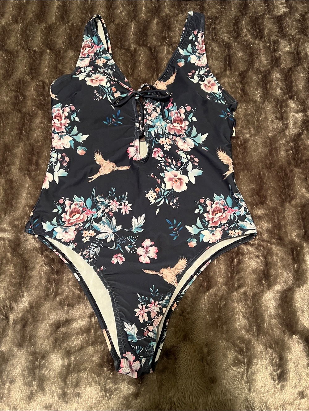 Cupshe Navy Floral One-Piece Swimsuit with Tie Front- Large